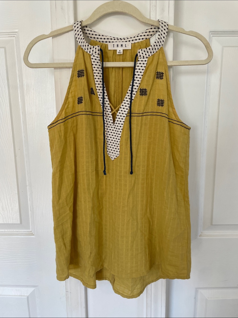 THML Mustard Sleeveless V-Neck Tank with black and white checked trim
